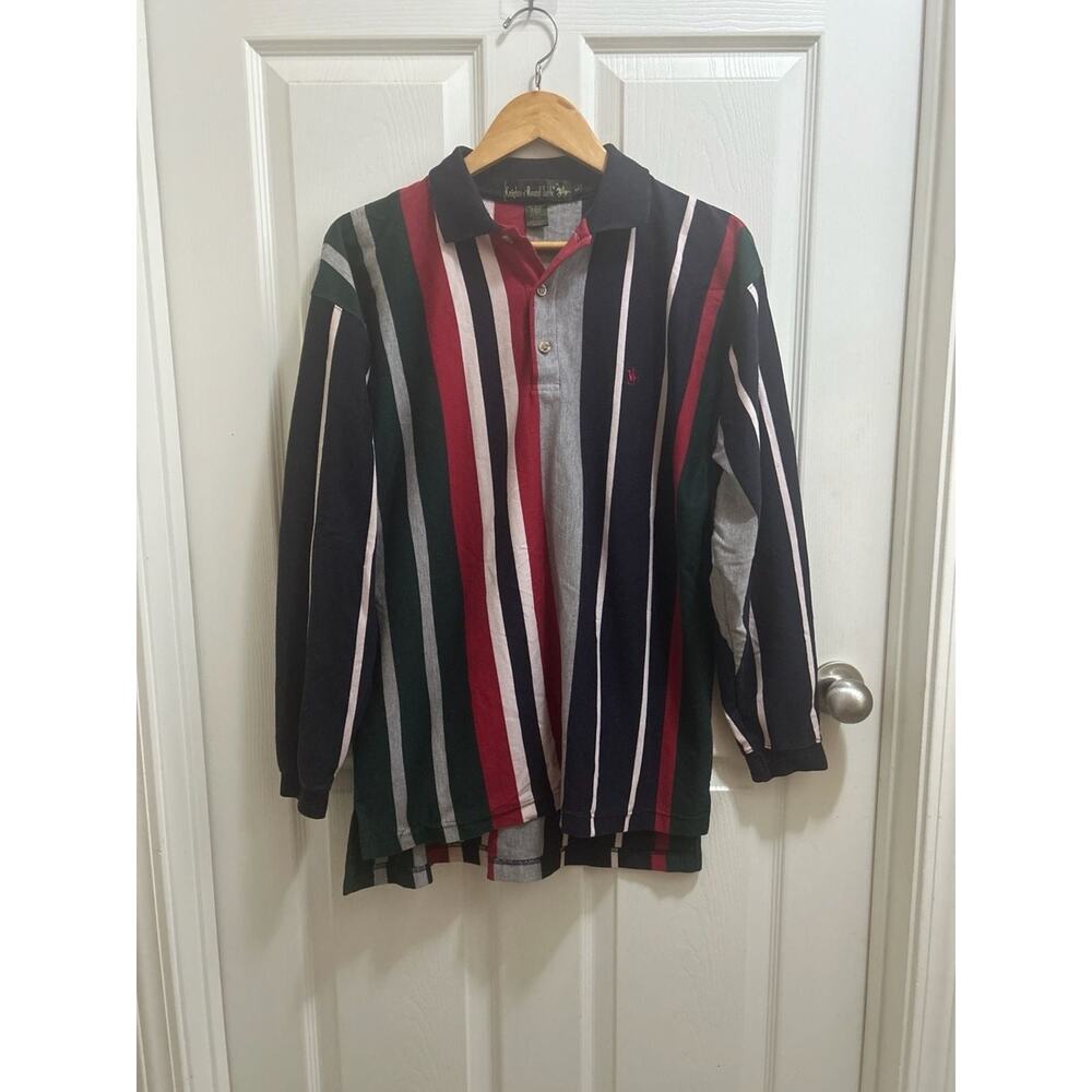 Knights of Round Table Vintage Vertical Striped Long Sleeve Polo Shirt Size M